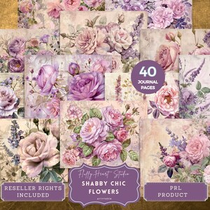 Puede incluir: Una hoja de collage digital con 40 páginas de diario imprimibles con diseños florales shabby chic. Las páginas presentan varios arreglos de rosas moradas y rosas con hojas verdes sobre un fondo texturizado. El texto "40 páginas de diario", "Derechos de reventa incluidos", "Flores shabby chic", "Imprimible" y "Producto PRL" está incluido en la hoja de collage.