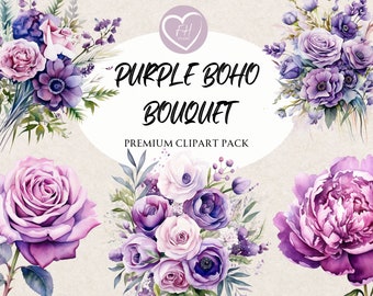 Purple Boho Bouquet Clipart Watercolor Clipart for commercial use Transparent PNG premium Purple bloom clipart for Junk Journal, Invitations