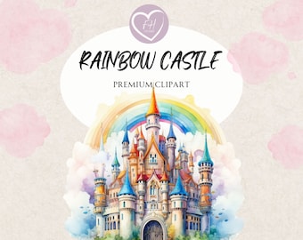 Regenbogen Schloss Clipart Aquarell Clipart für kommerzielle Nutzung Transparente PNGs premium Prinzessin Schloss Clipart für Junk Journal, Einladungen