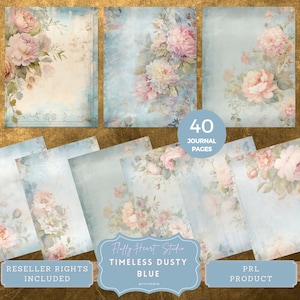 PLR Junk Journal Bundle Derechos de revendedor Junk Journal Acuarela Timeless Dusty Blue Floral Journal Pages Collage hojas tarjeta de scrapbooking