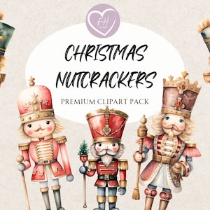 Peut inclure: Illustration à l'aquarelle de casse-noisettes de Noël en uniformes rouges, dorés et bleus. L'image comprend le texte "Christmas Nutcrackers Premium Clipart Pack". Les casse-noisettes ont des moustaches et tiennent des bâtons et un petit sapin.