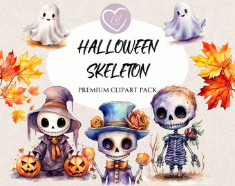Halloween Skeleton Clipart Watercolor Clipart for commercial use Transparent PNGs premium clipart Halloween for Junk Journal, Invitations