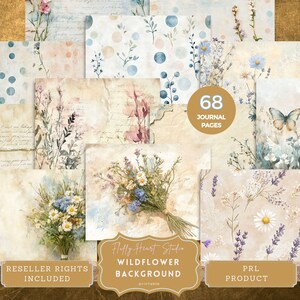 Puede incluir: Un conjunto de 68 páginas de diario con temática de flores silvestres. Las páginas presentan ilustraciones de acuarela de ramos, patrones florales y elementos botánicos en suaves colores pastel. Incluye el texto "Wildflower Background" y "Reseller Rights Included".