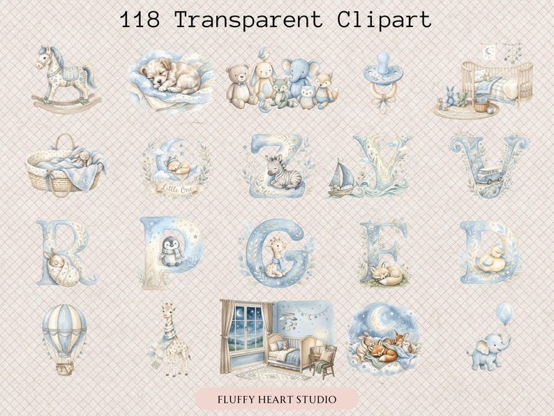 Baby Boy Nursery Clipart Bundle, Watercolor Baby Animals, Blue Neutral ...