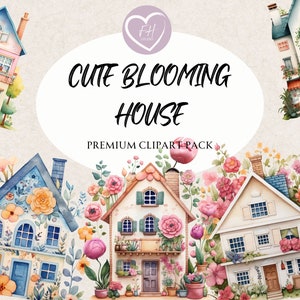 Cute Blooming House Clipart Watercolor Clipart for commercial use Transparent PNGs premium house clipart for Junk Journal, Invitations