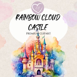 Rainbow Cloud Castle Clipart Watercolor Clipart for commercial use Transparent PNGs premium Castle clipart  for Junk Journal, Invitations