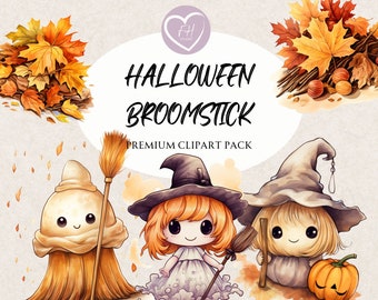 Halloween Broomstick Clipart Watercolor Clipart for commercial use Transparent PNGs premium clipart Halloween for Junk Journal, Invitations