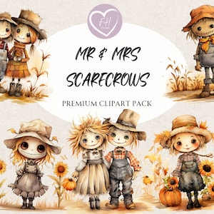 Mr & Mrs Scarecrows Clipart for commercial use Transparent PNG premium Fall Scarecrow clipart Fall Autumn Thanksgiving Clipart Halloween