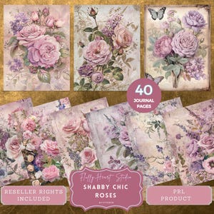 Puede incluir: Una hoja de collage digital con 40 páginas de diario imprimibles con rosas shabby chic en tonos rosa y morado. La hoja de collage incluye el texto "Flotty Heart Studio Shabby Chic Roses printable".