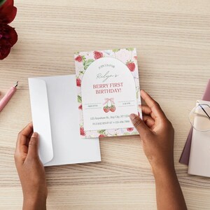 Berry First Birthday Invitation | Editable Canva Template | Strawberry Birthday Party Invite | Girl’s First Birthday | Instant Download