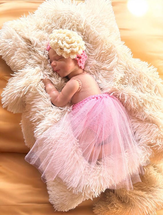 Crochet Newborn Outfit: Zinnia Headband, Pink Tutu Diaper Cover