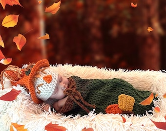Costume Photographie Bébé Nouveau-Né Cerf Mignon - Chapeau Crochet + Body + Accessoires Photo 0-12 Mois Kaki