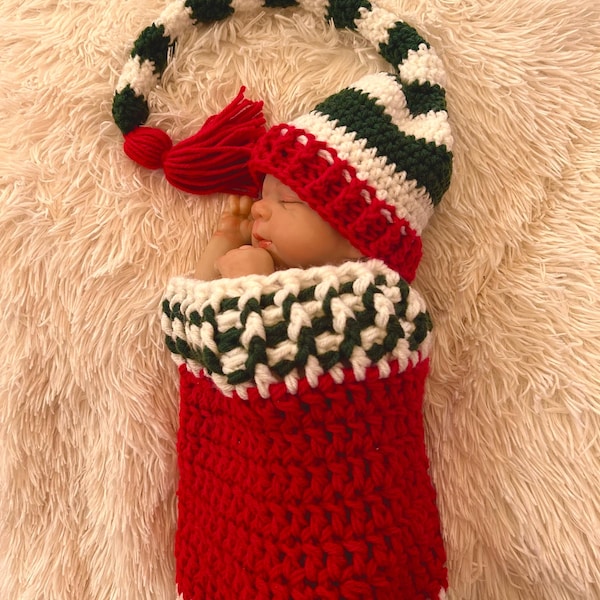 Crochet Christmas Elf Cocoon: Newborn Photo Prop Outfit