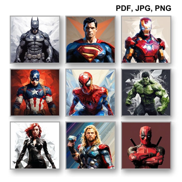 Set of 9 Superhero Print Avengers Printable Superhero Poster Digital Art Boys Room Decor Superhero Nursery Wall Art Birthday Gift Polygon