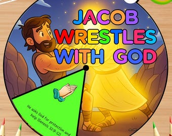 May include: A colorful circular illustration with the text "JACOB WRESTLES WITH GOD." The image features a cartoon depiction of Jacob wrestling with a figure in a bright light. A green section includes text about asking God for help. Pencils and scissors are in the image.