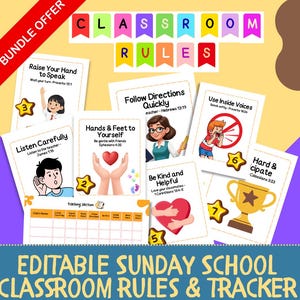 Redigerbara affischer med söndagsskoleregler och bibelverser och beteendespårare | Redigerbart klassrumshanteringsverktyg | Kristet klassrum
