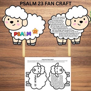 May include: Two sheep-shaped fan crafts with the text "PSALM 23 FAN CRAFT". One fan has the text "PSALM 23" and a star. The other fan has a Bible verse. A sheet with instructions and sheep outlines is at the bottom.
