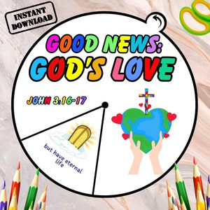 The Good News John 3:16 Coloring Wheel, Printable Bible Activity, Gospel, Kids Bible Lesson, Memory Game, Sunday School