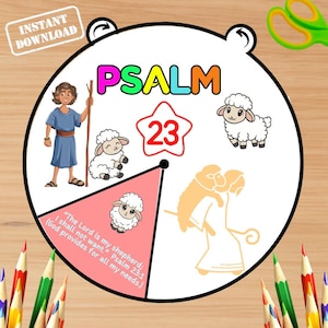 Psalm 23 Coloring Wheel, Printable Bible Activity, Watercolor, Kids Bible Lesson, Memory Game, Sunday School, Psalm 23 kids Printable Craft