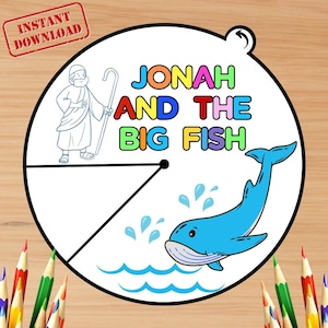 Jonah and the Whale, Printable Bible Coloring Wheel, Sunday School Craft, Kids Bible Study, Bible Story Spinning Wheel, Christian Homeschool