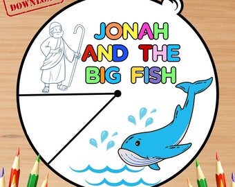 Jonah and the Whale, Printable Bible Coloring Wheel, Sunday School Craft, Kids Bible Study, Bible Story Spinning Wheel, Christian Homeschool
