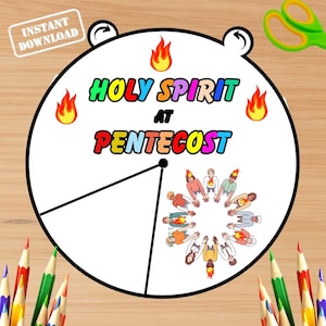 Pentecost Coloring Wheel, Acts 2 Bible Lesson, Sunday School Lesson, Pentecost Craft, Holy Spirit Lesson, Sunday School Craft, Pentecost