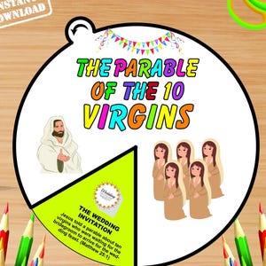 The Parable of the Ten Virgins Bible Craft for Kids, Parable of Jesus Craft, Sunday School Craft, Homeschool, Matthew 25, Bible Story Wheel