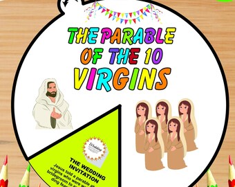 May include: A circular graphic with the text "THE PARABLE OF THE 10 VIRGINS." The image includes illustrations of Jesus, ten women, and a wedding invitation. The words "INSTANT DOWNLOAD" are in the upper left corner.