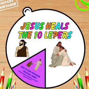 May include: A colorful illustration with the text "JESUS HEALS THE 10 LEPERS" and images of biblical figures. The image includes the text "GOD IS OUR PROVIDER - JEHOVAH JIREH" and the words "INSTANT DOWNLOAD". Colored pencils and scissors are in the background.