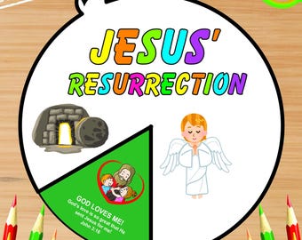 May include: A colorful printable activity for kids featuring a circle divided into three sections. The sections depict the tomb of Jesus, Jesus resurrected, and a family with the text "God Loves Me! God's love is so great that He sent Jesus for me! John 3:16".