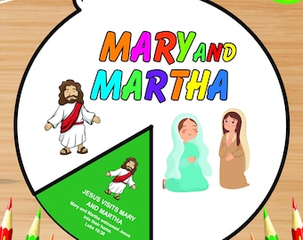 May include: A printable coloring page featuring Mary and Martha welcoming Jesus into their home. The page includes illustrations of Jesus, Mary, and Martha, along with the Bible verse Luke 10:38.