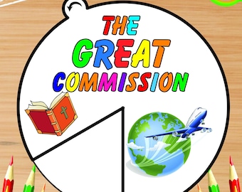 May include: A colorful graphic with the text "THE GREAT COMMISSION" in various colors. The image includes a book with a cross, a globe with a plane, and a pie chart design. Pencils and scissors are also visible.