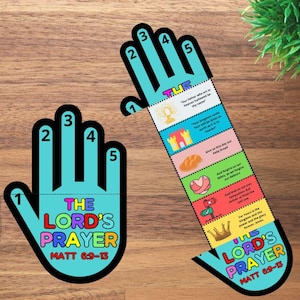 Puede incluir: Dos páginas para colorear con forma de mano azul con el texto "El Padrenuestro" y "Matt 6:9-15". Una mano está abierta, la otra extendida. El texto "Página para colorear incluida" está en la parte superior.