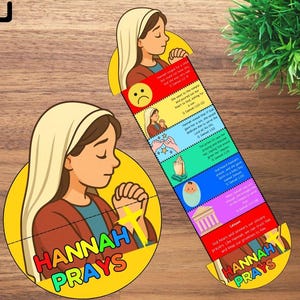 Puede incluir: Juego de dos p&aacute;ginas para colorear con una ilustraci&oacute;n de dibujos animados de una mujer rezando. El juego incluye una imagen circular y un marcap&aacute;ginas con texto e ilustraciones. El texto del marcap&aacute;ginas dice "Hannah Prays" y "Coloring Page Included".