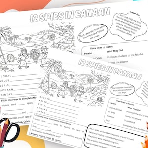 May include: Black and white coloring pages with the text "12 Spies in Canaan" and related Bible verses. The pages feature illustrations of people, landscapes, and text prompts for completing the story. Colored pencils and art supplies are in the foreground.