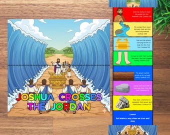 Può includere: Un set di attività illustrate per bambini con il testo "Pagina da colorare inclusa". L'immagine principale raffigura una scena biblica di Giosuè che attraversa il Giordano. Pannelli aggiuntivi dettagliano la storia.