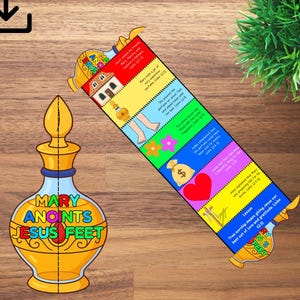 Puede incluir: Una página para colorear con un frasco de perfume decorativo con el texto "MARY ANOINTS JESUS FEET". Un marcapáginas colorido ilustra una historia con texto e imágenes. El texto "Coloring Page Included" está en la parte superior.