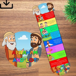 May include: A colourful educational bookmark and a circular illustration featuring the text "ABRAHAM AND LOT". The bookmark has illustrated scenes with text. The words "Coloring Page Included" are at the top.