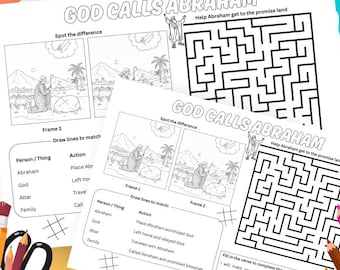 May include: Two activity sheets with the title "GOD CALLS ABRAHAM" are shown. One sheet has a maze, and the other has a "Spot the Difference" activity. Colored pencils, scissors, and paintbrushes are in a green cup in the foreground.