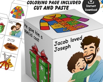 May include: A white box with the text "JOSEPH COAT OF MANY COLORS" and "COLORING PAGE INCLUDED CUT AND PASTE." The box features illustrations of a colorful coat, a gift, and a father hugging a child. Includes an "Instant Download" icon.