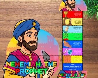 May include: A colorful illustration of Nehemiah the Prophet holding a trowel and scroll. The image includes the text "Coloring Page Included" and a vertical timeline with Bible verses. The design features a cartoon style.