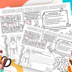 May include: Two coloring pages titled "Moses and the Bronze Serpent" with illustrations and text. One page features a comic strip, the other has a story sequencing activity. Colored pencils and a pencil holder are in the foreground.