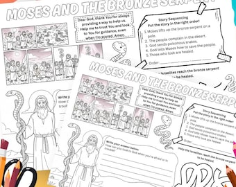 Puede incluir: Dos páginas para colorear tituladas "Moisés y la serpiente de bronce" con ilustraciones y texto. Una página presenta una historieta, la otra tiene una actividad de secuenciación de historias. Lápices de colores y un portalápices.