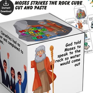 Puede incluir: Un cubo blanco con ilustraciones y texto sobre Moisés golpeando la roca. El cubo presenta una caricatura de Moisés, el texto "MOSES STRIKES THE ROCK CUBE CUT AND PASTE" y otras escenas bíblicas. El cubo es una manualidad descargable.