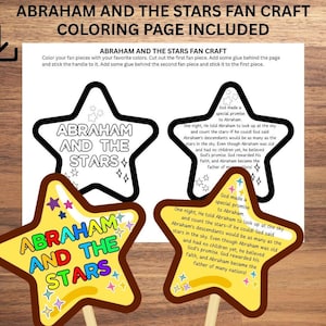 Op de afbeelding: Een knutselpakket met stervormige waaierstukken met de tekst "ABRAHAM AND THE STARS". De set bevat een kleurplaat en instructies. De waaiers zijn geel en bruin met een houten steel.