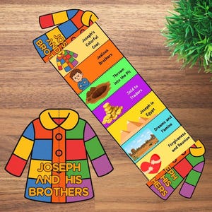 Puede incluir: Un marcapáginas educativo y colorido y un recorte de abrigo con el texto "José y sus hermanos". El marcapáginas detalla la historia con ilustraciones y texto. El recorte del abrigo es multicolor.