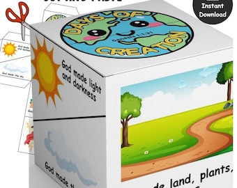 Manualidad bíblica del cubo de los Días de la Creación, actividad con versículos bíblicos, lección bíblica para niños, juego de memoria, escuela dominical, actividad para colorear, Dios creó la Tierra