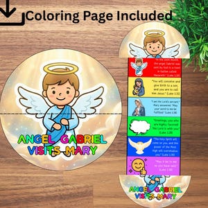 May include: A children's coloring page with an angel illustration, halo, and wings, with the text "ANGEL GABRIEL VISITS MARY". Includes a bookmark with Bible verses and illustrations. The words "Coloring Page Included" are also visible.