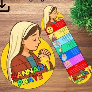 Puede incluir: Ilustraci&oacute;n colorida de una mujer rezando, con el texto "HANNAH PRAYS" en arco&iacute;ris. Tambi&eacute;n se muestra un marcap&aacute;ginas con la misma ilustraci&oacute;n y texto, con vers&iacute;culos b&iacute;blicos. Las palabras "Coloring Page Included" est&aacute;n en la parte superior.