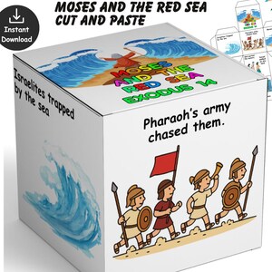 May include: A white box featuring the text "MOSES AND THE RED SEA CUT AND PASTE" and illustrations of the Red Sea and Israelites. The box also includes the text "Israelites trapped by the sea" and "Pharaoh's army chased them."